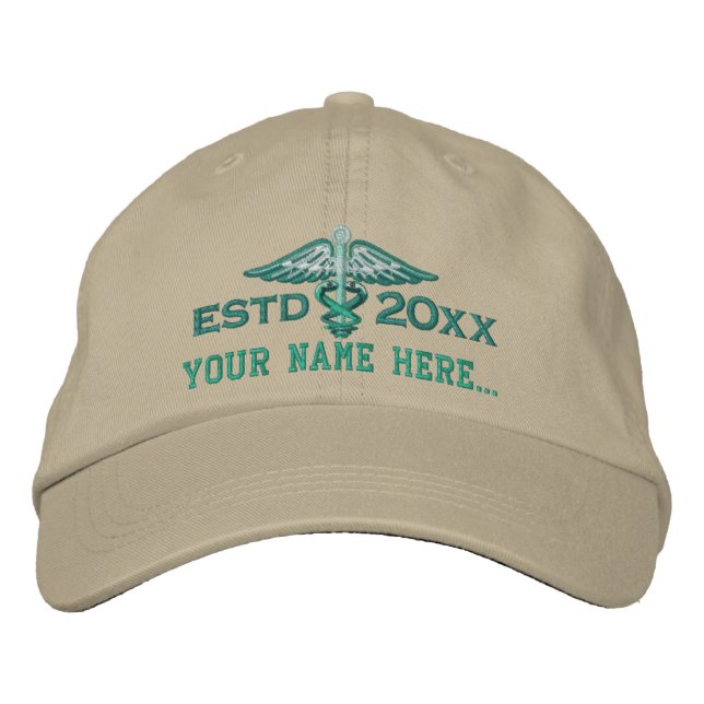 Personalized Year Your Text Medical Caduceus Embroidered Baseball Hat (Front)
