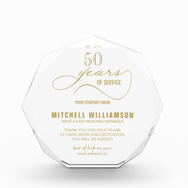 Personalized Years of Service Retirement Keepsake  Acrylic Award (Front)