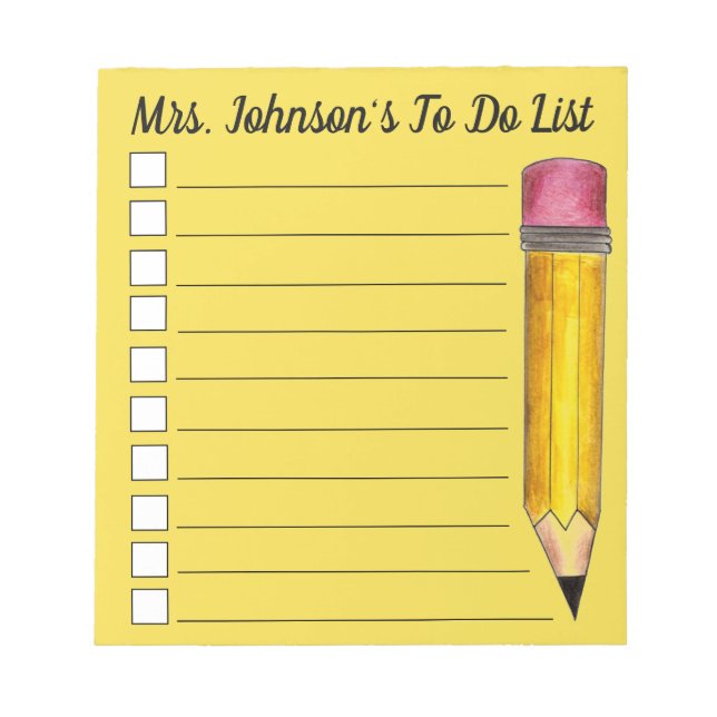 Personalized Yellow #2 Pencil Teacher To Do List Notepad (Front)