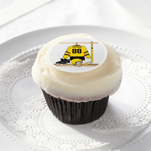 Personalized Yellow and Black Ice Hockey Jersey Edible Frosting Rounds