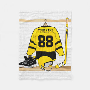 Personalized Yellow and Black Ice Hockey Jersey Fleece Blanket