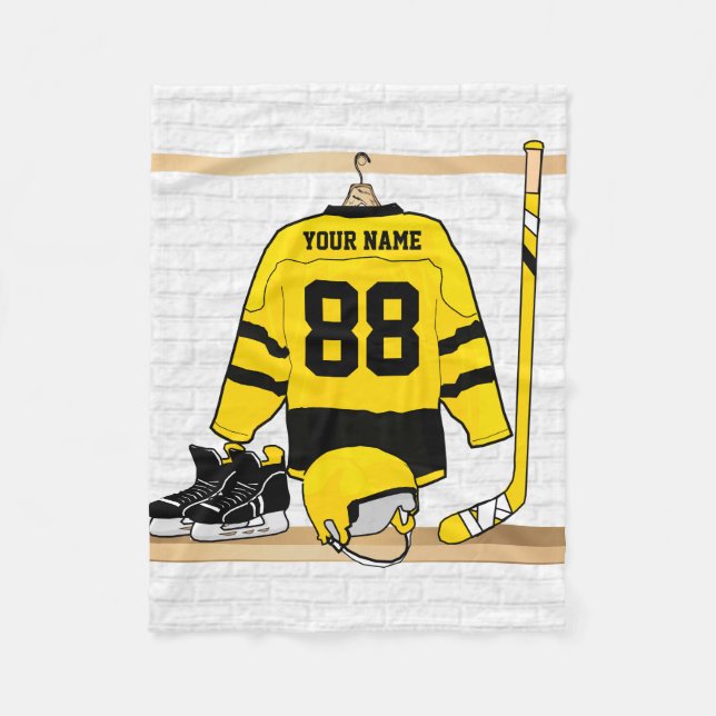 Personalized Yellow and Black Ice Hockey Jersey Fleece Blanket (Front)
