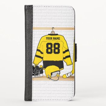 Personalized Yellow And Black Ice Hockey Jersey Iphone X Wallet Case by giftsbonanza at Zazzle