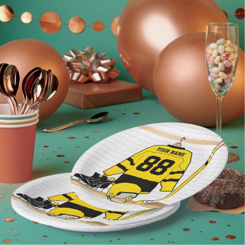 Personalized Yellow and Black Ice Hockey Jersey Paper Plates