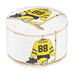 Personalized Yellow and Black Ice Hockey Jersey Pouf