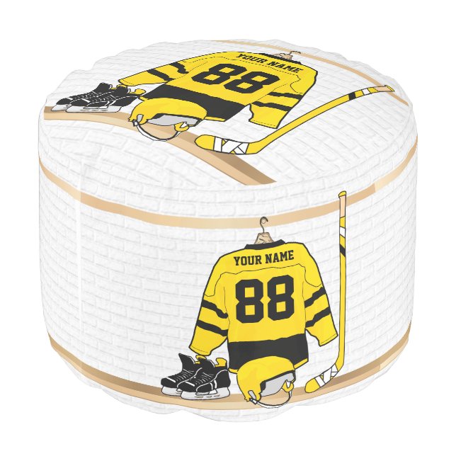 Personalized Yellow and Black Ice Hockey Jersey Pouf (Angled Back)
