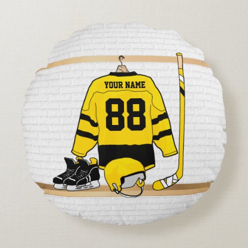 Personalized Yellow and Black Ice Hockey Jersey Round Pillow