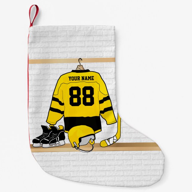 Personalized Yellow and Black Ice Hockey Jersey Small Christmas Stocking (Front)