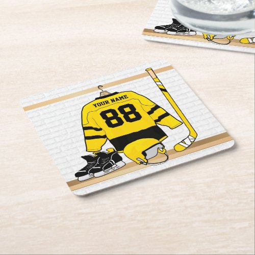 Personalized Yellow and Black Ice Hockey Jersey Square Paper Coaster