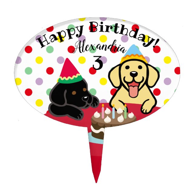 Personalized Yellow and Black Labradors Birthday Cake Topper (Front)