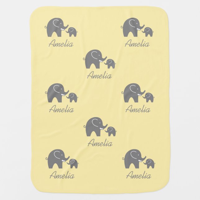 Personalized yellow and grey elephant baby blanket (Front)