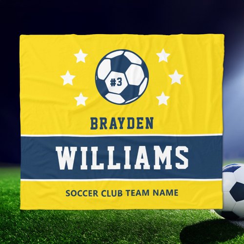 Personalized Yellow and Navy Soccer Player Name Fleece Blanket