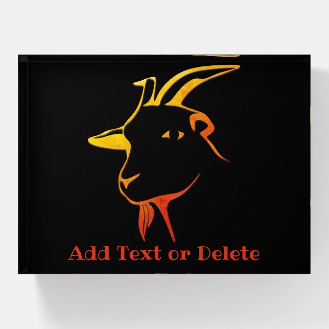 Personalized Yellow and Orange Goat on black Paperweight (Front)