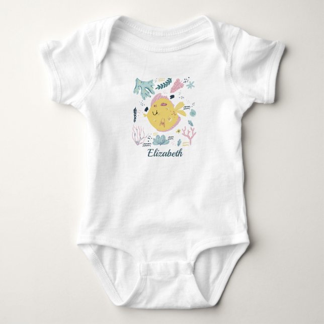 Personalized Yellow and Pink Fish Sea Life Ocean Baby Bodysuit (Front)
