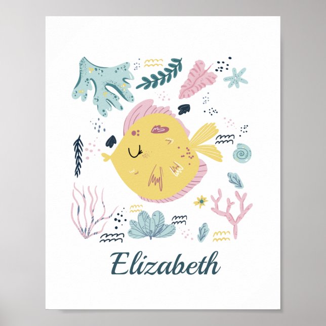 Personalized Yellow and Pink Fish Sea Life Ocean  Poster (Front)