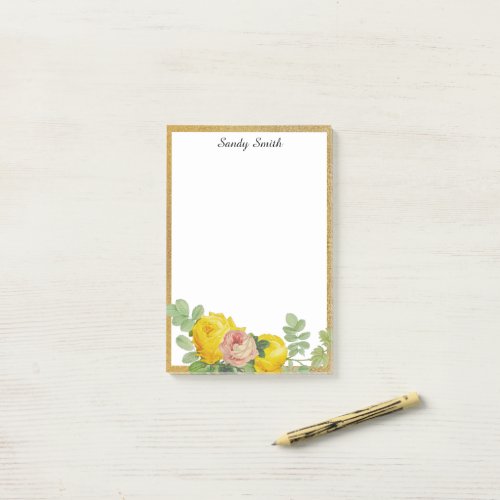 Personalized Yellow and Pink Roses Floral  Post_it Notes