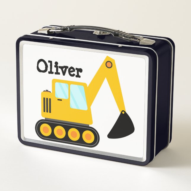 Personalized Yellow Backhoe Truck Loader Metal Lunch Box (Back)