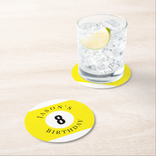 Personalized Yellow Billiard Pool Ball Birthday  Round Paper Coaster