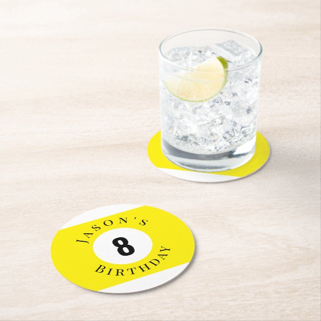 Personalized Yellow Billiard Pool Ball Birthday  Round Paper Coaster (Insitu)
