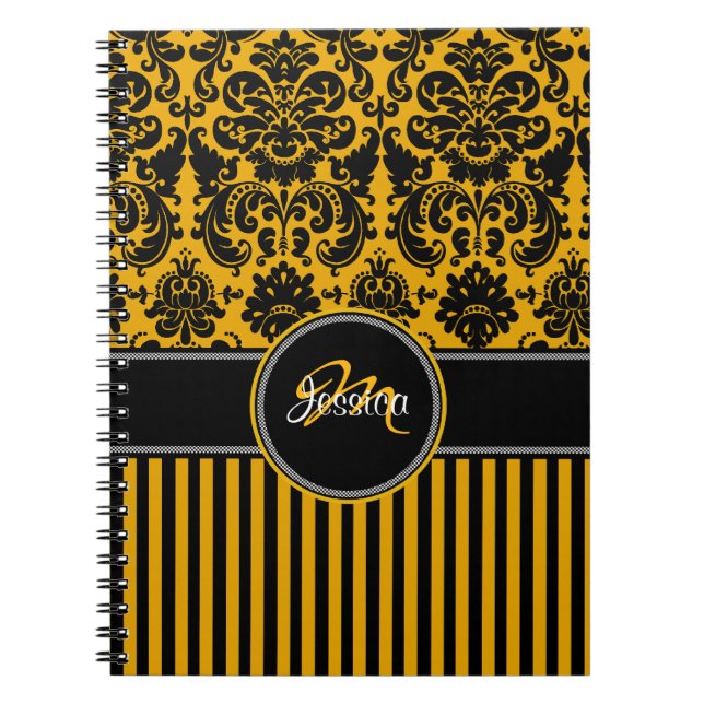 Personalized Yellow Black White Striped Damask Notebook (Front)
