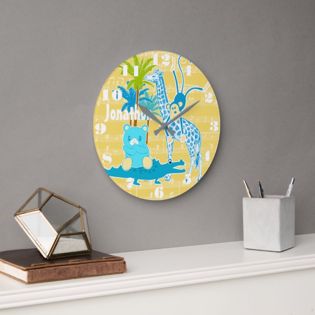Personalized Yellow Blue Jungle Animal Wall Clock (Office)