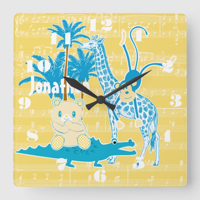Personalized Yellow Blue Jungle Animal Wall Clock (Front)