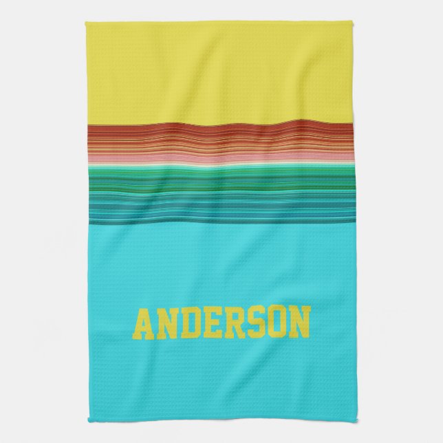 Personalized Yellow Blue Multicolor Stripe Pattern Kitchen Towel (Vertical)