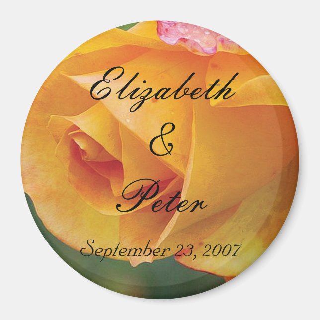 Personalized Yellow Blushing Rose Wedding Magnet (Front)