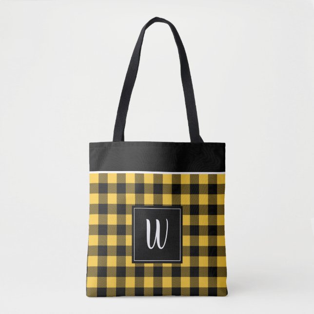 Personalized Yellow Buffalo Check Plaid Tote Bag (Front)