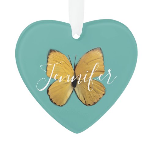 Personalized Yellow Butterfly Heart Shaped Ornament