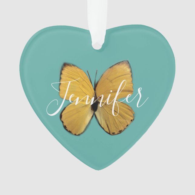 Personalized Yellow Butterfly Heart Shaped Ornament (Front)