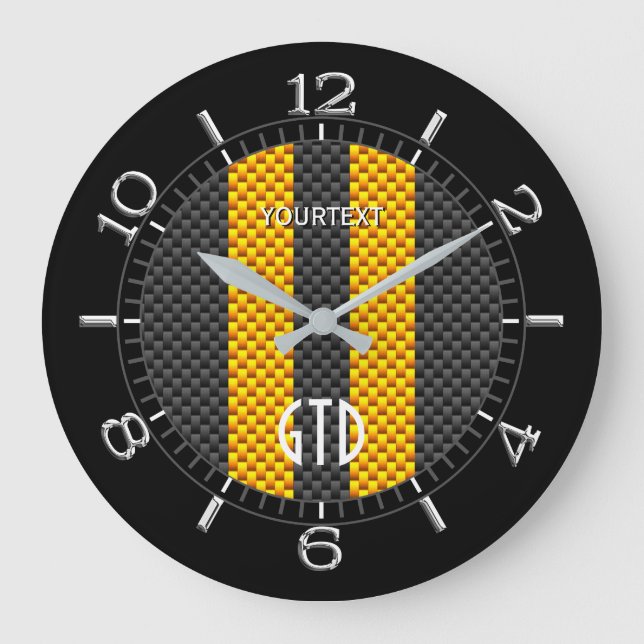 Personalized Yellow Carbon Style Racing Stripes Large Clock (Front)