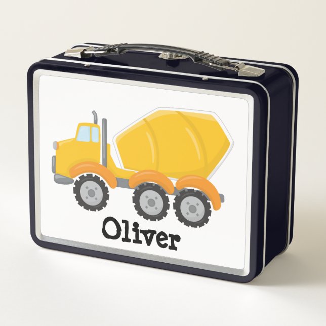 Personalized Yellow Cement Truck Metal Lunch Box (Back)