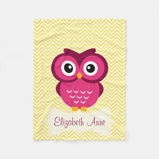 Personalized Yellow Chevron Pink Owl Fleece Blanket (Front)