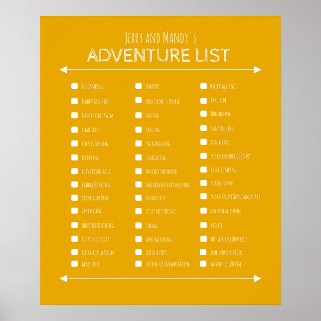 Personalized yellow couple's adventure list poster (Front)