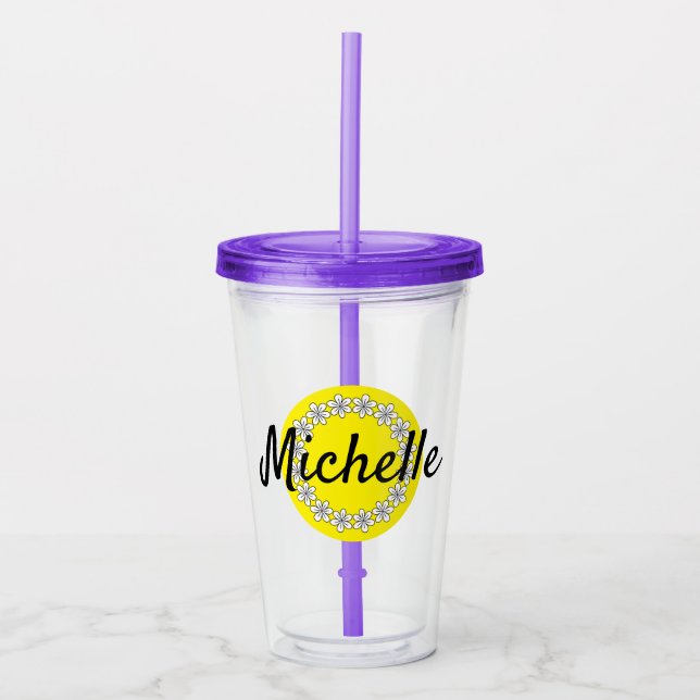 Personalized yellow daisy flower tumbler glass (Front)
