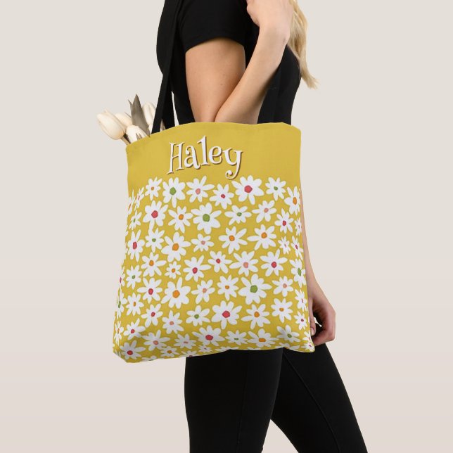 Personalized Yellow Daisy Print Tote Shoulder Bag (Close Up)