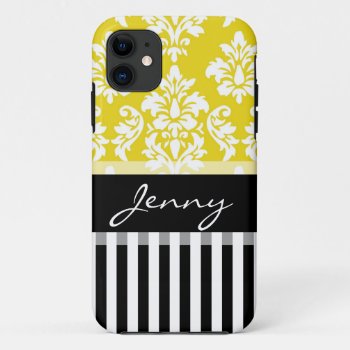 Personalized Yellow Damask Black Stripes Iphone 11 Case by DamaskGallery at Zazzle