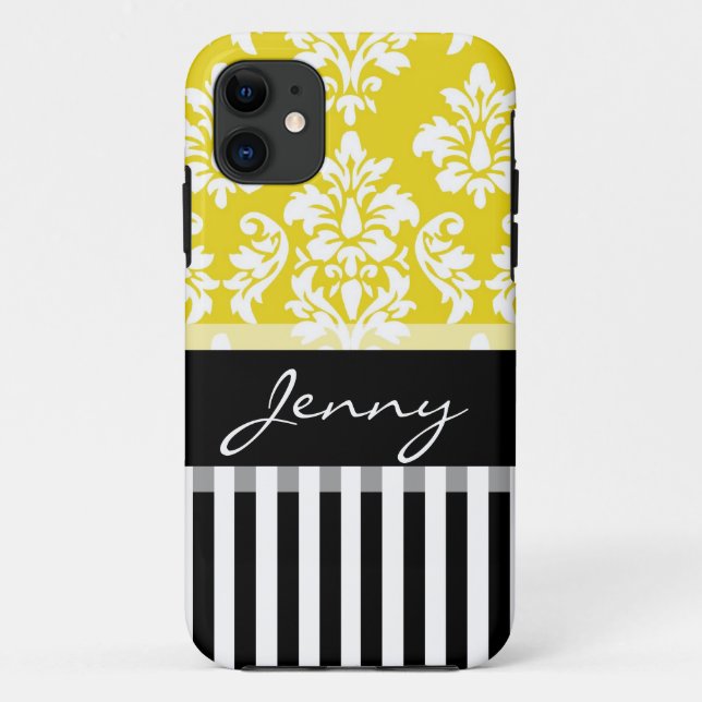Personalized Yellow Damask Black Stripes Case-Mate iPhone Case (Back)
