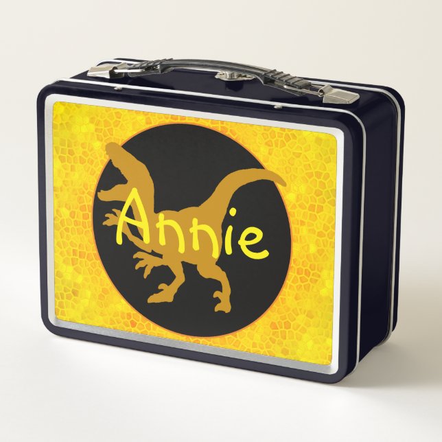 Personalized Yellow Dinosaur Hide Metal Lunch Box (Back)