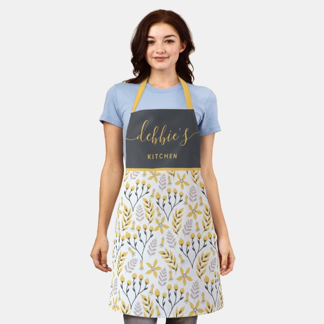 Personalized Yellow Floral All-Over Print Apron (Worn)