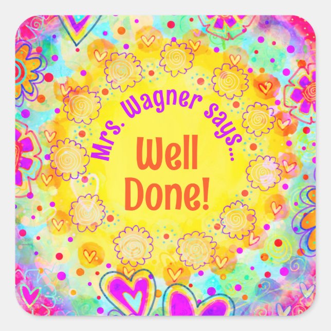 Personalized Yellow Floral Motivational Teacher  Square Sticker (Front)