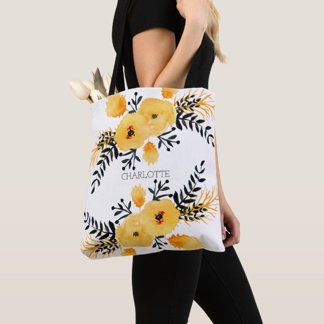 Personalized Yellow Flower Watercolor Tote Bag (Close Up)