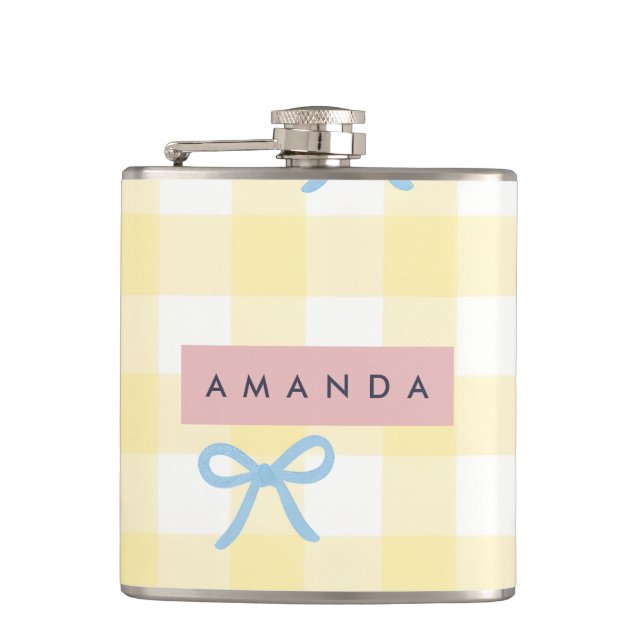 Personalized Yellow Gingham & Blue Bow Pastel  Flask (Front)