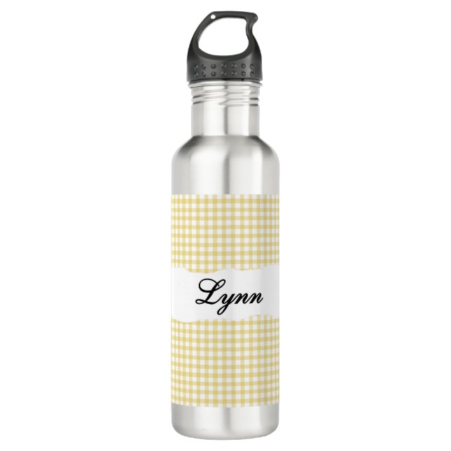 Personalized Yellow Gingham Pattern & Custom Name Stainless Steel Water Bottle (Front)