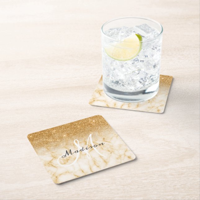 Personalized Yellow Gold Glitter Monogram Marble Square Paper Coaster (Insitu)