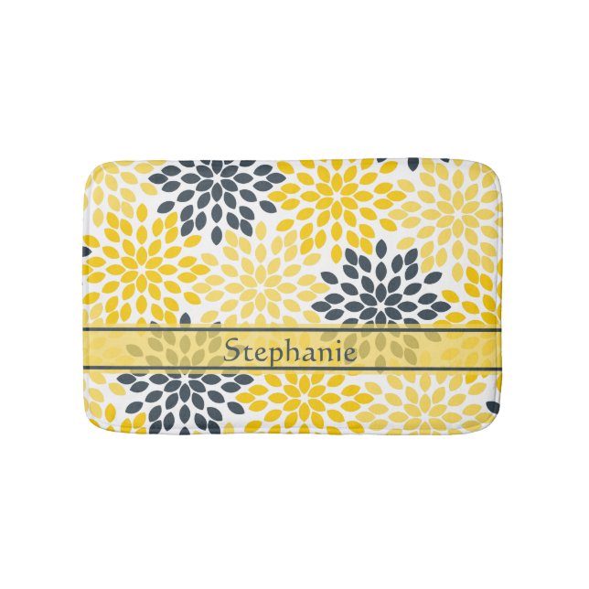Personalized Yellow, Gray Charcoal Modern Floral Bath Mat (Front)