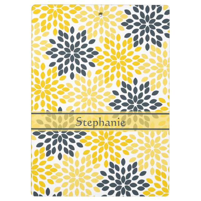 Personalized Yellow, Gray Charcoal Modern Floral Clipboard (Back)