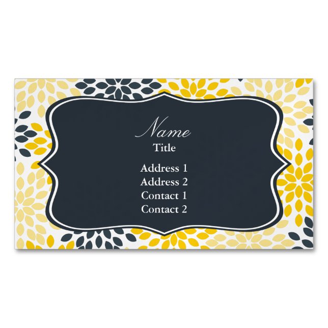 Personalized Yellow, Gray Charcoal Modern Floral Magnetic Business Card (Front)