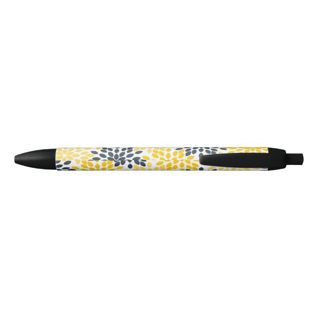 Personalized Yellow, Gray Charcoal Modern Floral Pen (Back)